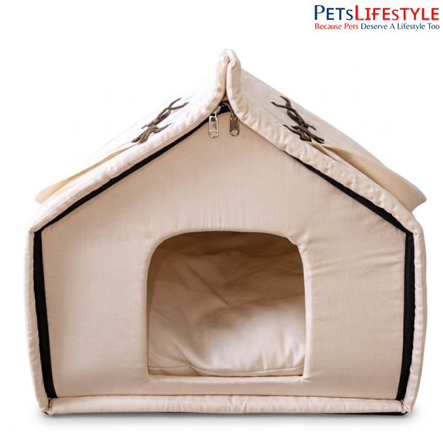 Cat House with Premium Indoor Foldable Canvas Pet House Tent with Plush Cushion, Indoor Pet Bed