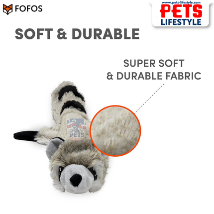 FOFOS Dog Toy Skinneez Raccoon Toy – Stuffing-Free Plush Toy with Dual Squeakers