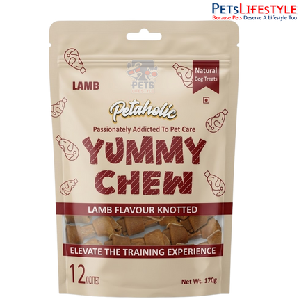 Petaholic Yummy Chew Lamb Flavour Knotted Bone Dog Treat 170g (12 Knotted Bones) | Premium Gluten-Free Chew Treats for Dogs