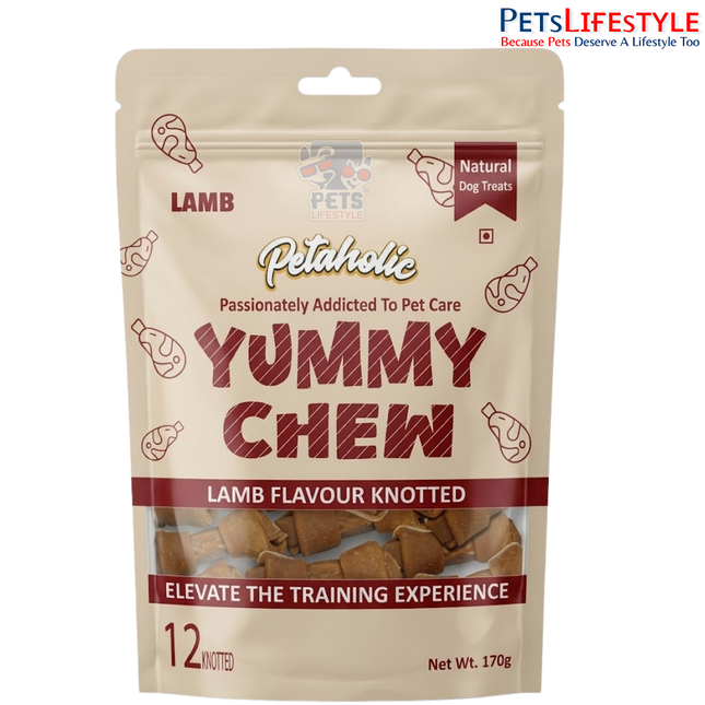 Petaholic Yummy Chew Lamb Flavour Knotted Bone Dog Treat 170g (12 Knotted Bones) | Premium Gluten-Free Chew Treats for Dogs