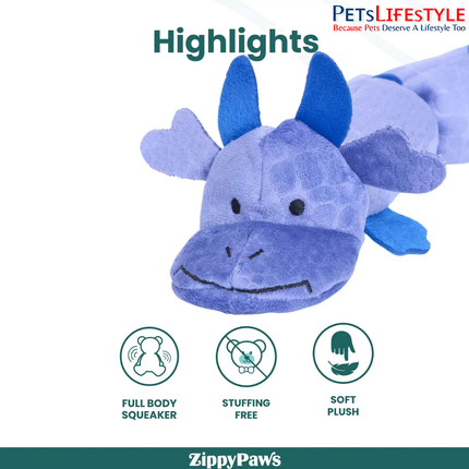 ZippyPaws Zippy Dragonz Blue Plush Dog Toy – 7 Squeakers for Interactive Play