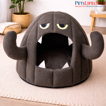 Premium Monster Plush Calming Pet Cave Bed Pet House with Plush Cushion, Indoor Pet Bed