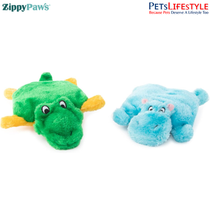 ZippyPaws Squeakie Pads – 2 Pack (Hippo & Alligator)  Stuffing-Free Plush Dog Toy with Large Blaster Squeakers