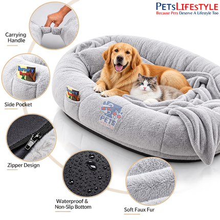 PetsLifestyle Giant Human Dog Bed – Calming Anti-Anxiety Bolster Bean Bag with Orthopedic Foam, Blanket & Pillow, Giant Oval Floor Bed
