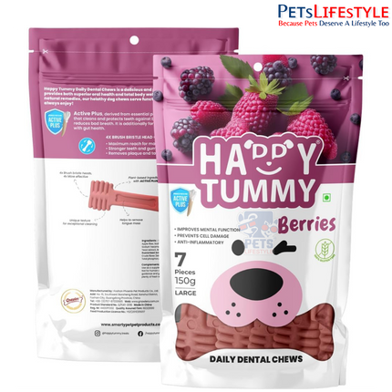 Gnawlers Happy Tummy Berries Dental Bone Treat for Dogs | Daily Dental Chew with Natural Berry Ingredients | 100% Natural Vegetarian Dog Treat