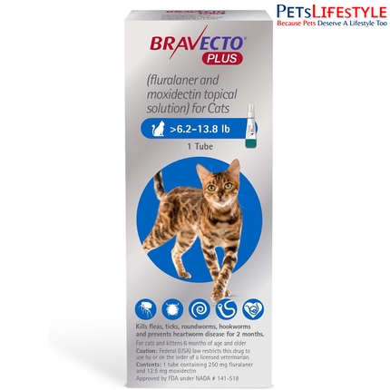 MSD Animal Health Bravecto Plus (Brand MSD) 250mg (2.8 - 6.25 kg) (Fluralaner) Spot On Solution Cats Advanced Parasite Protection