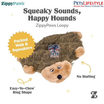ZippyPaws Loopy – Hedgehog  Stuffing-Free Plush Dog Toy with 7 Round Squeakers