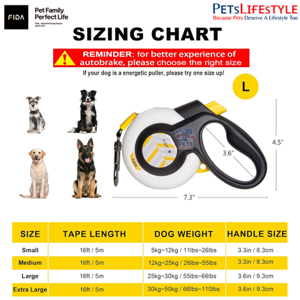 FIDA AutoBrake Retractable Dog Leash 16ft Safety Lock