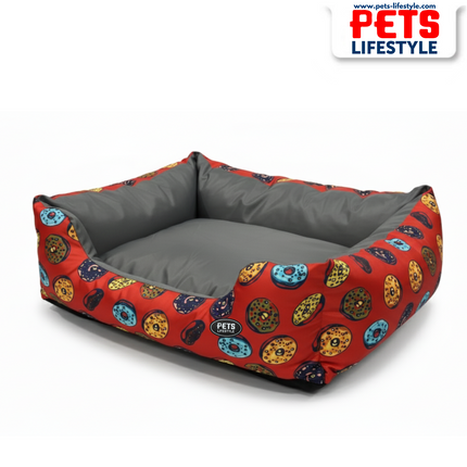 PᴇᴛsLɪғᴇsᴛʏʟᴇ Donut Pattern Red & Grey Dog Bed – All Sizes Comfort and style for your furry friends