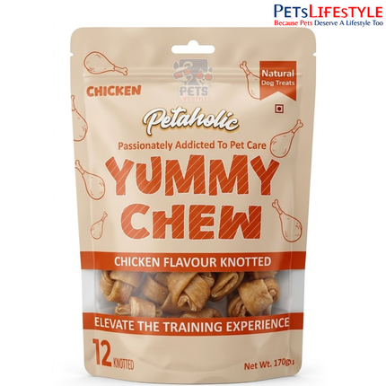 Petaholic Yummy Chew Chicken Flavour Knotted Bone Dog Treat 170g (12 Knotted Bones) | Premium Gluten-Free Chew Treats for Dogs