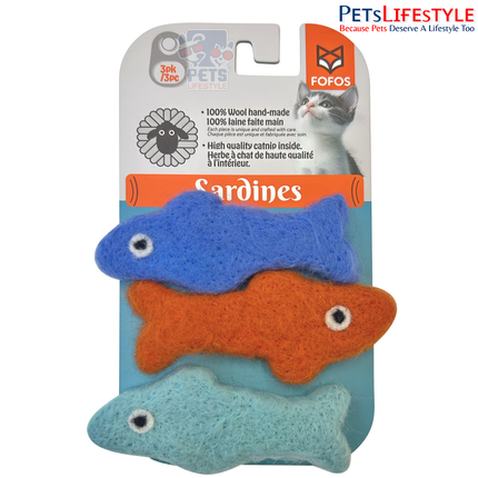FOFOS Sardine Fish Cat Toy (Pack of 3) – Handmade Wool Fish with Imported Catnip for Kittens & Cats