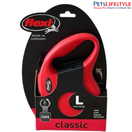 Flexi New Classic Tape Retractable Dog Leash – Large (L), 8 Metres, Red | Retractable Tape Lead for Dogs up to 50 kg | Made in Germany
