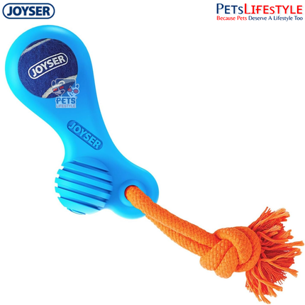 JOYSER Bone Rubber with Replaceable Tennis Ball & Squeaker Dog Toy – Blue/Orange (S)