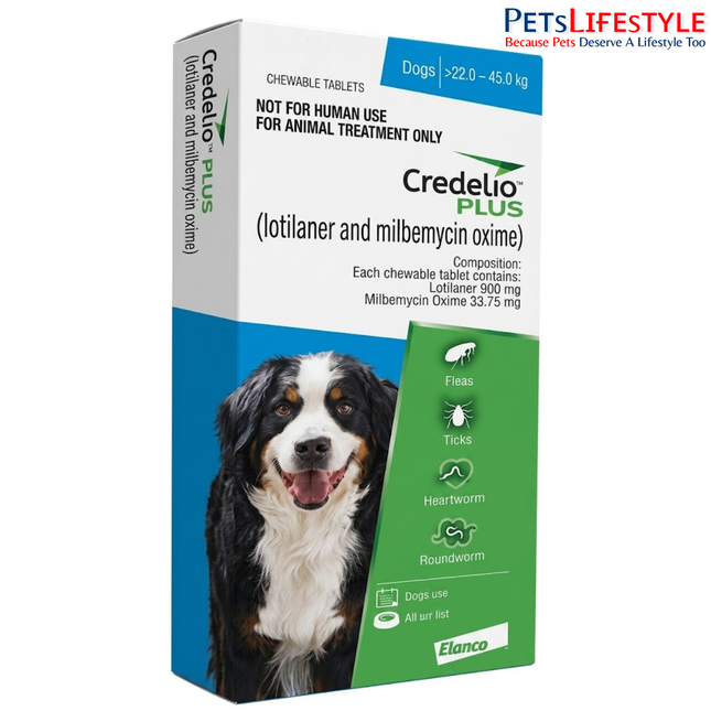 Credelio PLUS 900 mg Chewable Tablets for Dogs 22.0 –45.0 kg | Monthly Tick, Flea, Worm & Heartworm Protection
