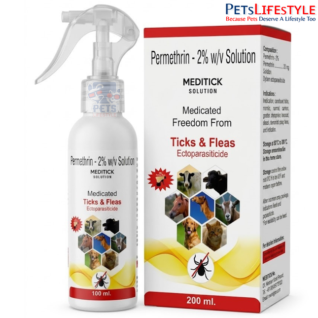 MEDITICK Vet Spray – Permethrin 2% w/w Veterinary Spray | Tick, Flea, Lice & Mite Control Spray for Livestock & Companion Animals | 100 ml & 200 ml