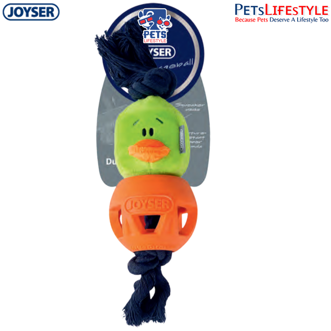 JOYSER Cageball Duck Interactive Dog Toy with Squeaker – Yellow/Blue (M/L)