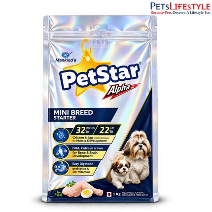 PetStar Alpha Mini Breed Starter Dog Food – High-Protein Puppy Food with Chicken & Egg, DHA, Calcium & Prebiotics, 1 kg