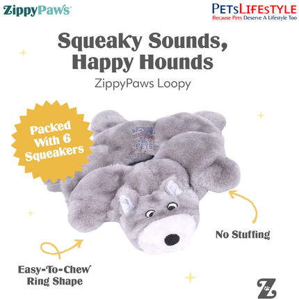 ZippyPaws Loopy – Wolf  Stuffing-Free Plush Dog Toy with Multi Squeakers