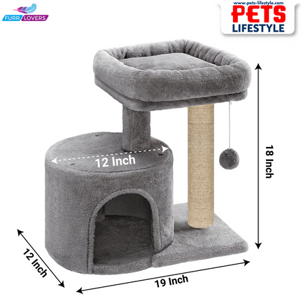 Compact Cat Tree with Scratching Post, Condo & Dangling Toy Ball – Plush Fabric (Small Space Friendly)