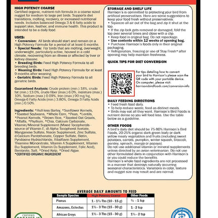 Harrison's Bird Foods High Potency Coarse Maximum Nutritional Certified Organic Formula For Medium To Large Birds