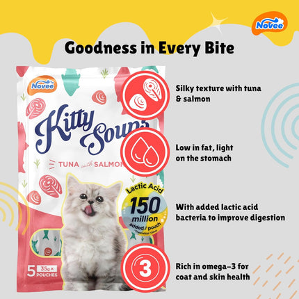 Novee Kitty Soups Tuna Treats with Salmon Flavour – Creamy Lickable Cat Treat | High Protein Hydrating Puree Snack | Meal Topper for Kittens & Adult Cats | 5 Tubes (175g)