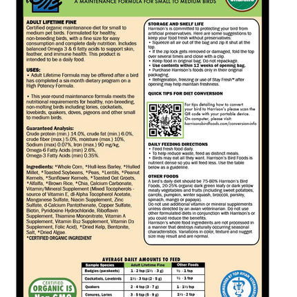 Harrison's Bird Foods Adult Lifetime Fine Certified Organic Maintenance Formula For Small To Medium Birds