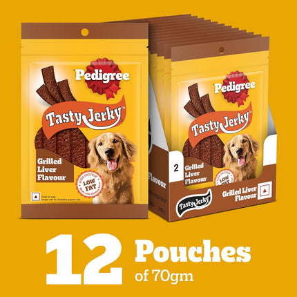 Pedigree Tasty Jerky Adult Dog Treat – Grilled Liver Flavour | Soft Chewy High-Protein Dog Treat | 70 g