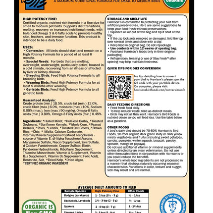 Harrison's Bird Foods High Potency Fine Maximum Nutritional Certified Organic Formula For Small To Medium BirdsHarrison's Bird Foods High Potency Fine Maximum Nutritional Certified Organic Formula For Small To Medium Birds