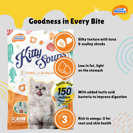 Novee Kitty Soups Tuna with Scallop Flavour Cat Treat – Creamy Lickable Cat Treat | High Protein Hydrating Puree Meal Topper | 5 Tubes (175g)
