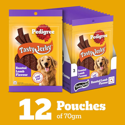 Pedigree Tasty Jerky Adult Dog Treat – Roasted Lamb Flavour | High-Protein, Low-Fat Soft Chewy Treat | 70 g