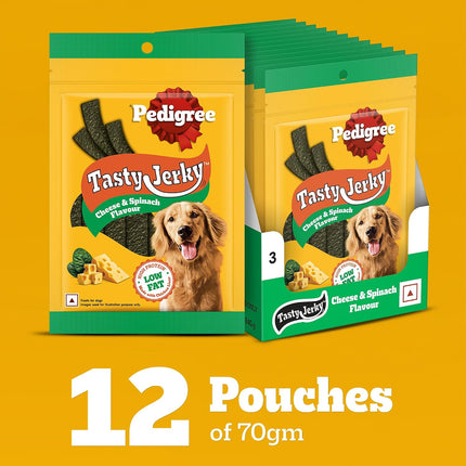 Pedigree Tasty Jerky Dog Treats – Cheese & Spinach Flavour 70 g | Soft & Chewy High-Protein, Low-Fat Treats