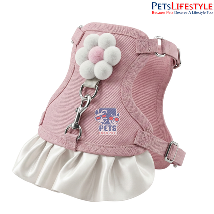 Pink Ruffled Cat & Small Dog Harness Dress with Leash | Adjustable Anti-Escape Step-In Pet Vest