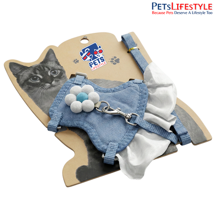 Blue Ruffled Cat & Small Pet Harness with Leash | Adjustable Anti-Escape Vest with Flower Detail