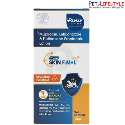 Panav Bio-Tech Pooch Skin F.M+L Medicated Lotion for Dogs & Cats – Mupirocin, Luliconazole & Fluticasone Propionate, 30 ml