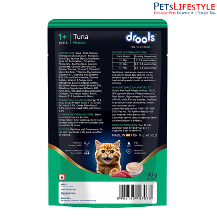 Drools Cat Mousse Wet Cat Food – Tuna Flavour 80g High Protein Smooth Texture Adult Cats 1+ Years