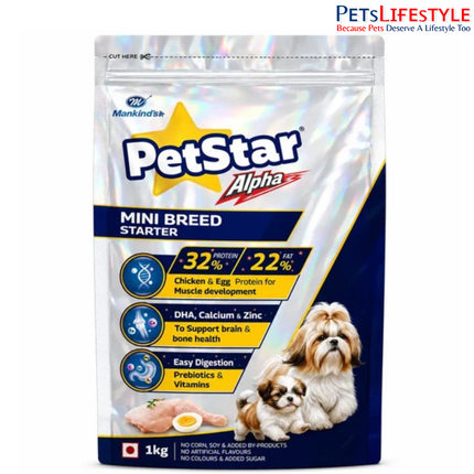 PetStar Alpha Mini Breed Starter Dog Food – High-Protein Puppy Food with Chicken & Egg, DHA, Calcium & Prebiotics, 1 kg