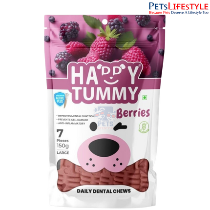 Gnawlers Happy Tummy Berries Dental Bone Treat for Dogs | Daily Dental Chew with Natural Berry Ingredients | 100% Natural Vegetarian Dog Treat