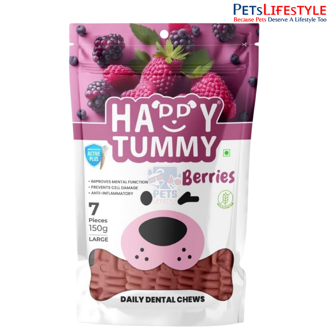 Gnawlers Happy Tummy Berries Dental Bone Treat for Dogs | Daily Dental Chew with Natural Berry Ingredients | 100% Natural Vegetarian Dog Treat