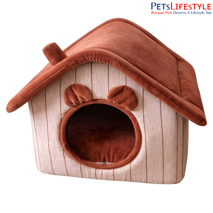 Premium Rust Velvet Cottage Pet House with Removable Roof Pet House with Plush Cushion, Indoor Pet Bed