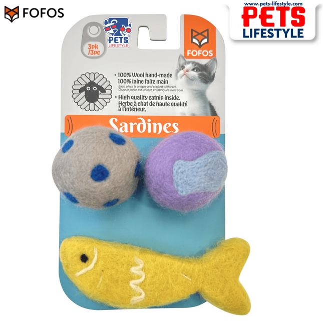 FOFOS Sardine Wool Toy 3 Pack 100% Handmade Wool Catnip Toys Lightweight & Interactive
