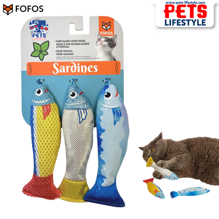 FOFOS Sardine Catnip Toy 3-Pack Fully Catnip-Filled, Multi-Texture Interactive Fish Toys