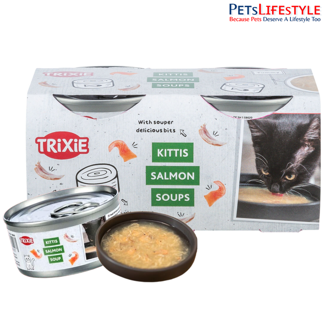 Trixie Cat Soup with Chicken & Salmon – Tasty Liquid Cat Treat, Grain-Free Wet Food Supplement Supporting Hydration & Digestion for Adult Cats, 4 × 80 g