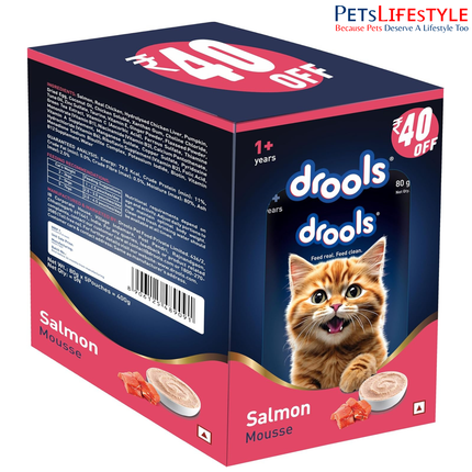 Drools Cat Mousse Wet Cat Food – Salmon Flavour 80g High Protein Smooth Texture Adult Cats 1+ Years