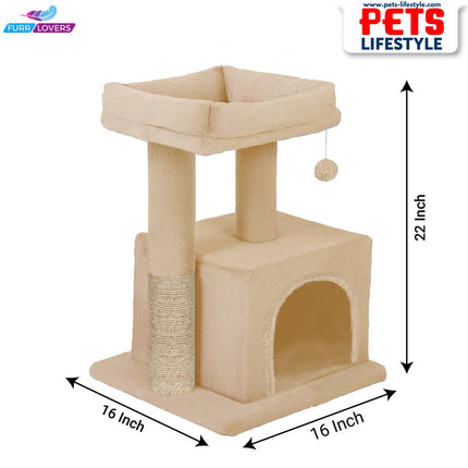 FURRLOVERS Condo Kitten Cat Tree – Plush Fur Fabric, Top Perch, Hanging Ball & Scratching Post (12x12 Inch Condo)