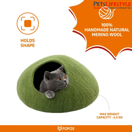 FOFOS Cat Cave Green – Handmade Wool Felt Cat House & Cozy Sleeping Bed