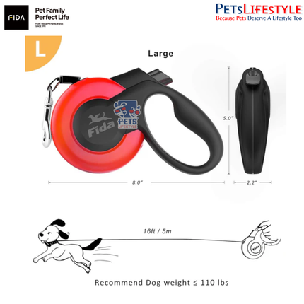 FIDA Mars Retractable Dog Leash – Red – Anti-Twist Heavy Duty Reflective