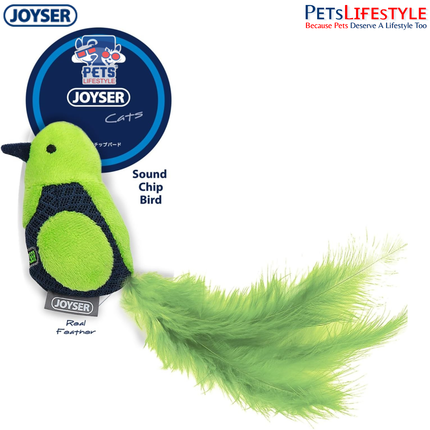 JOYSER Sound Chip Bird with Real Feathers – Green/Blue | Interactive Electronic Cat Toy