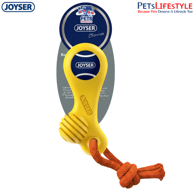 JOYSER Bone Rubber with Replaceable Tennis Ball & Squeaker Dog Toy – Yellow/Blue (M/L)