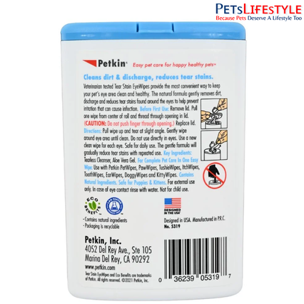Petkin Tear Stain Eyewipes 30 Wipes – Extra-Moist, Tearless Eye Cleaning Wipes for Pets