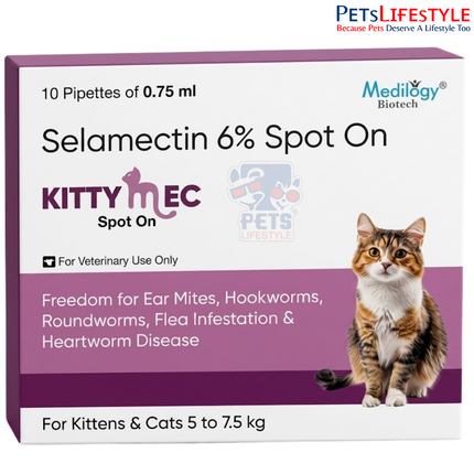 KittyMec Selamectin 6% Spot On for Cats (5–7.5 kg), 0.75 mL spot-on for flea, ear mite, worm and heartworm protection.